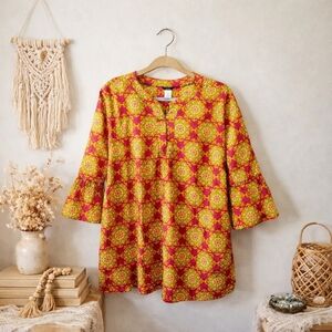 J. Crew Medallion Print Blouse Size M Bell Sleeve Boho Tunic Cotton Floral EUC